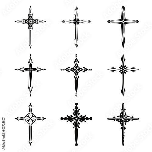 Christian cross vector icon symbols.  Abstract christian religious belief or faith art illustration for orthodox or catholic design. The symbol of the cross in various designs used in tattoo.