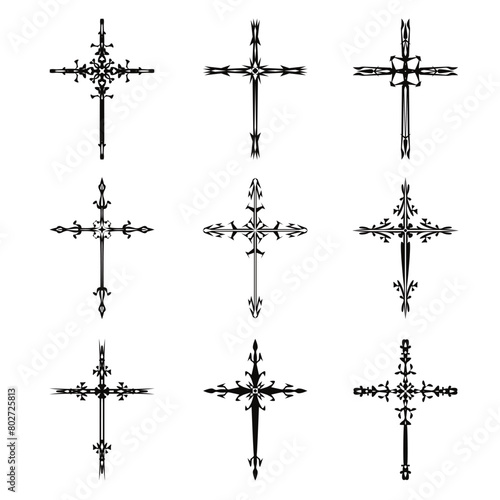 Christian cross vector icon symbols.  Abstract christian religious belief or faith art illustration for orthodox or catholic design. The symbol of the cross in various designs used in tattoo.