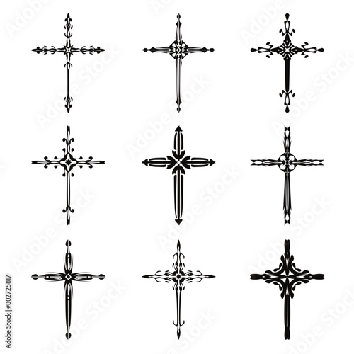 Christian cross vector icon symbols.  Abstract christian religious belief or faith art illustration for orthodox or catholic design. The symbol of the cross in various designs used in tattoo.