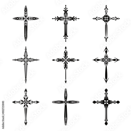 Christian cross vector icon symbols.  Abstract christian religious belief or faith art illustration for orthodox or catholic design. The symbol of the cross in various designs used in tattoo.
