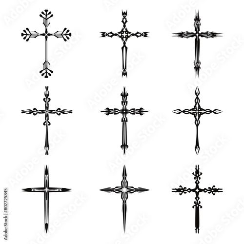 Christian cross vector icon symbols.  Abstract christian religious belief or faith art illustration for orthodox or catholic design. The symbol of the cross in various designs used in tattoo.