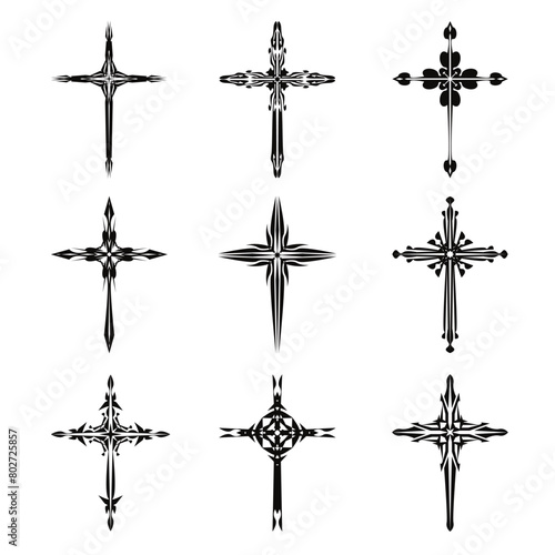 Christian cross vector icon symbols.  Abstract christian religious belief or faith art illustration for orthodox or catholic design. The symbol of the cross in various designs used in tattoo.