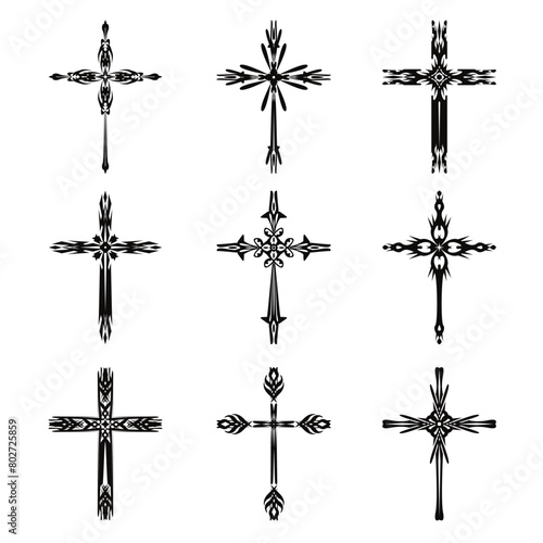 Christian cross vector icon symbols.  Abstract christian religious belief or faith art illustration for orthodox or catholic design. The symbol of the cross in various designs used in tattoo.