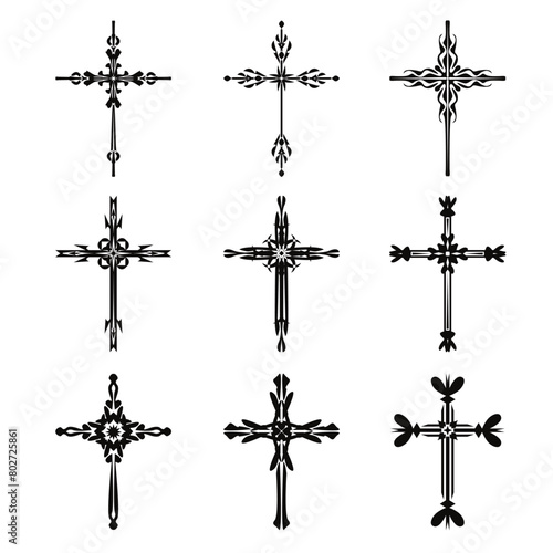 Christian cross vector icon symbols.  Abstract christian religious belief or faith art illustration for orthodox or catholic design. The symbol of the cross in various designs used in tattoo.