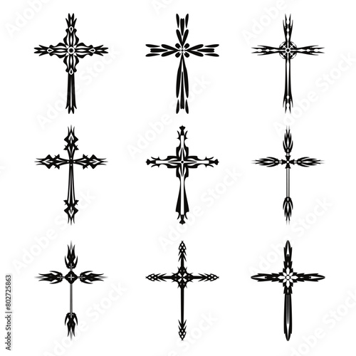 Christian cross vector icon symbols.  Abstract christian religious belief or faith art illustration for orthodox or catholic design. The symbol of the cross in various designs used in tattoo.