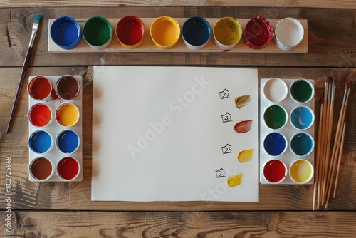 A white canvas on a wooden table withcolor cups and brushes, paint by numbers, top view. photo