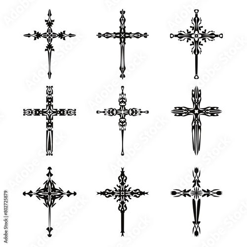 Christian cross vector icon symbols.  Abstract christian religious belief or faith art illustration for orthodox or catholic design. The symbol of the cross in various designs used in tattoo.