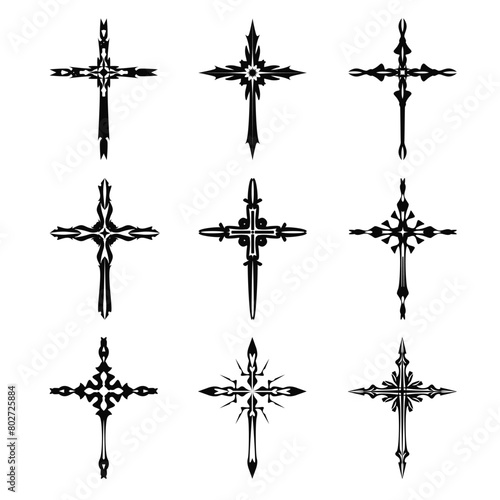Christian cross vector icon symbols.  Abstract christian religious belief or faith art illustration for orthodox or catholic design. The symbol of the cross in various designs used in tattoo.