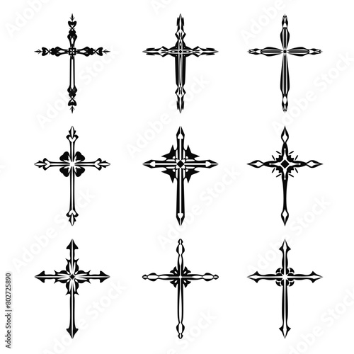 Christian cross vector icon symbols.  Abstract christian religious belief or faith art illustration for orthodox or catholic design. The symbol of the cross in various designs used in tattoo.