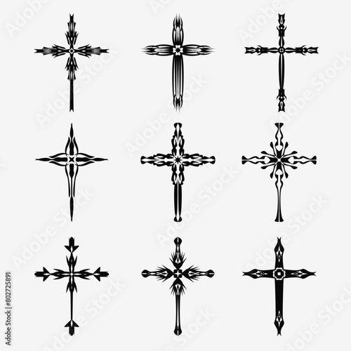 Christian cross vector icon symbols.  Abstract christian religious belief or faith art illustration for orthodox or catholic design. The symbol of the cross in various designs used in tattoo.
