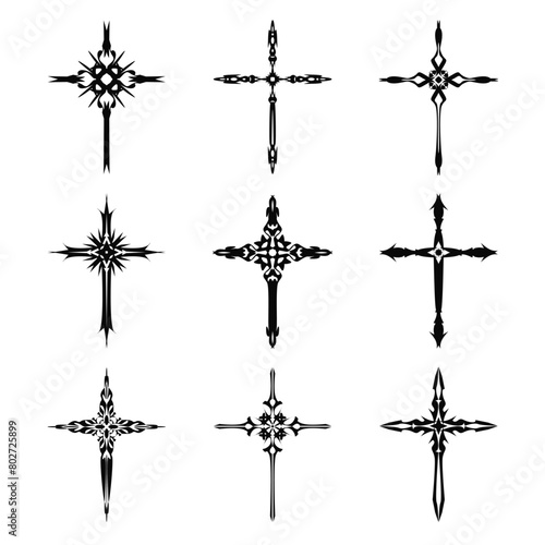 Christian cross vector icon symbols.  Abstract christian religious belief or faith art illustration for orthodox or catholic design. The symbol of the cross in various designs used in tattoo.