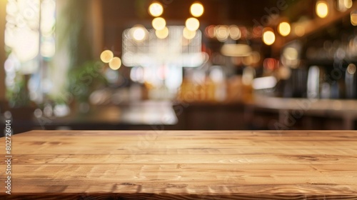 Empty wooden table with a blurred restaurant background  ideal for display and presentation purposes AI Generative.