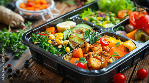 Lunch box with appetizing food on wooden table