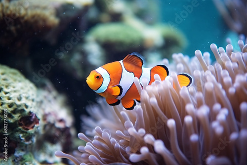 Clownfish swimming among colorful coral and anemones in a vibrant underwater scene