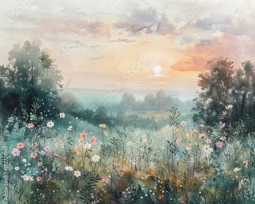 A watercolor scene of a sunrise over a misty, flowerfilled meadow, with soft colors and tranquil nature elements © pongneng111