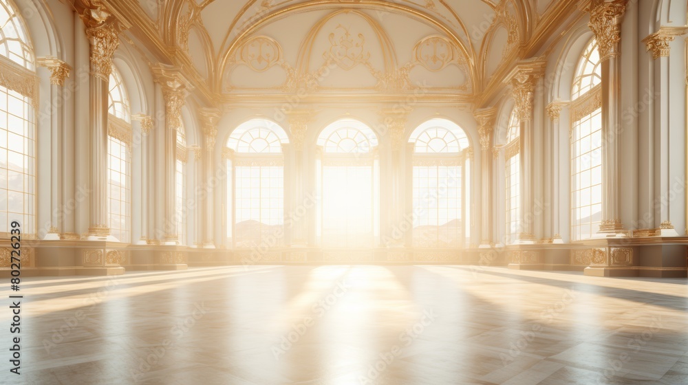 3d rendering of an empty room with columns and sunlight shining through