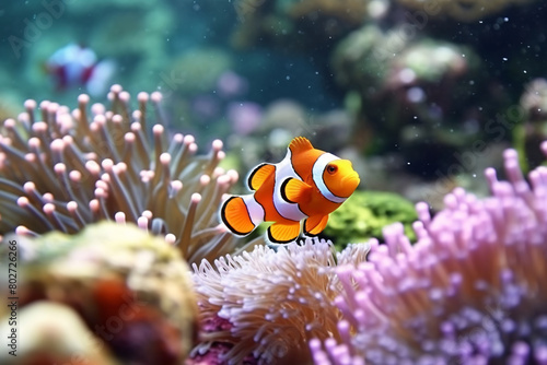 Colorful clownfish swimming among coral and anemone in an aquarium