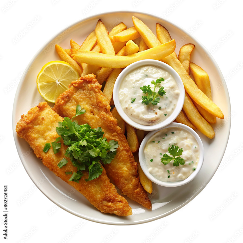 A plate on crispy fish and fries isolated on transparent background. A plate on crispy fish and fries isolated on transparent background.