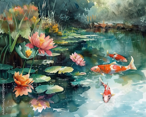 A watercolor scene of a tranquil garden pond with koi fish  lily pads  and colorful flowers against a serene natural background