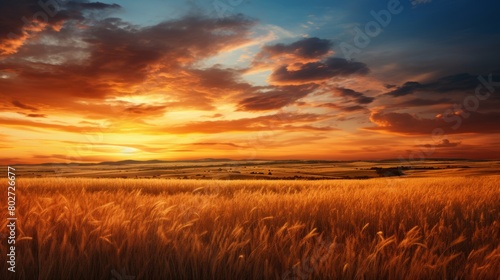 Beautiful sunset over the field with ears of wheat. Nature composition.