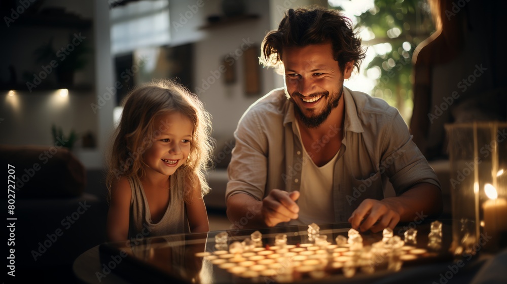 A cheerful little girl is playing with her father. enjoy the weekend at home. Little daughter playing with father. A cheerful little girl is playing with her father. enjoy the weekend at home. Little daughter playing with father.