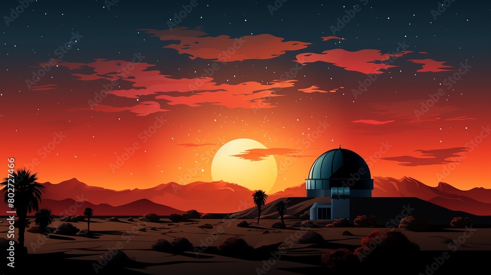 The image shows a beautiful landscape of a desert with a large telescope in the foreground. The sky is a deep orange and the sun is setting. The image shows a beautiful landscape of a desert with a large telescope in the foreground. The sky is a deep orange and the sun is setting.