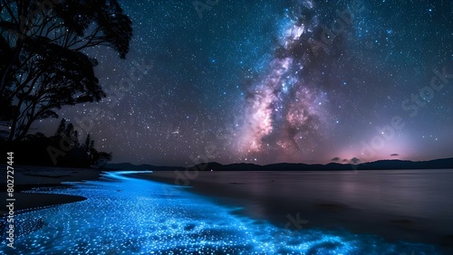 Bioluminescent bay water sparkles beneath Milky Ways night sky beauty . Concept Starry Night Photography, Bioluminescent Bay, Water Reflections, Night Sky Beauty photo
