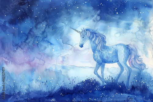 Mystical watercolor painting of a unicorn galloping under a starlit sky with a celestial backdrop