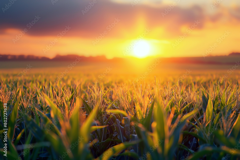 Golden sunset illuminating a lush cornfield, capturing the vibrant and peaceful essence of rural life, copy space