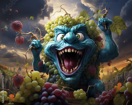 A blue monster with sharp teeth is eating a bunch of grapes. The monster is standing in a field of grapes. The sky is cloudy. photo