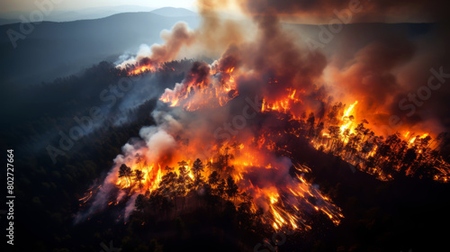 Dramatic aerial view of a raging forest fire at dusk with intense flames and smoke