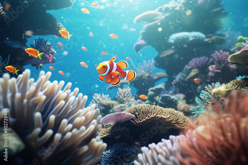 Vibrant underwater scene with colorful coral reef and diverse marine life  
