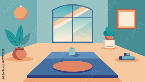 A serene yoga room with simple decor and few possessions focusing on inner peace and minimalism..