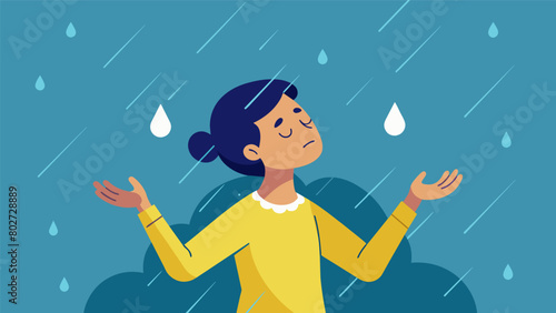 A person stands in a rainstorm feeling the refreshing drops against their skin and finding a sense of release and renewal as they let go of negative.