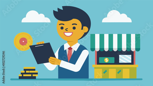 As the day winds down the owner counts the days earnings with a satisfied smile grateful for another successful day in the record shop. Vector illustration