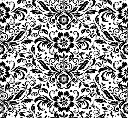 Vector seamless background. Abstract decorative floral pattern in black color. Ideal for textile design, prints, covers, cards, invitations and posters. (ID: 802729265)