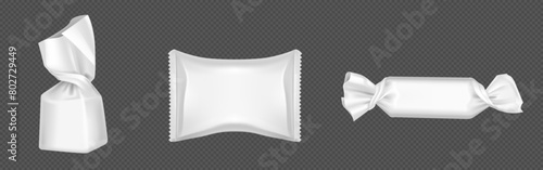 Candy wrappers set isolated on transparent background. Vector realistic illustration of white paper wrap with blank space for branding, snack mockup, plastic material for food packaging production