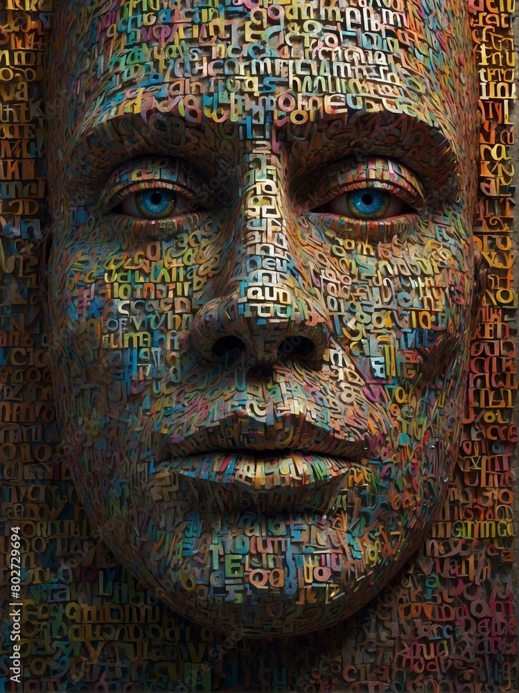 An intricate digital art piece creating a human face out of a soup of colorful alphabetic characters, exploring identity and language
