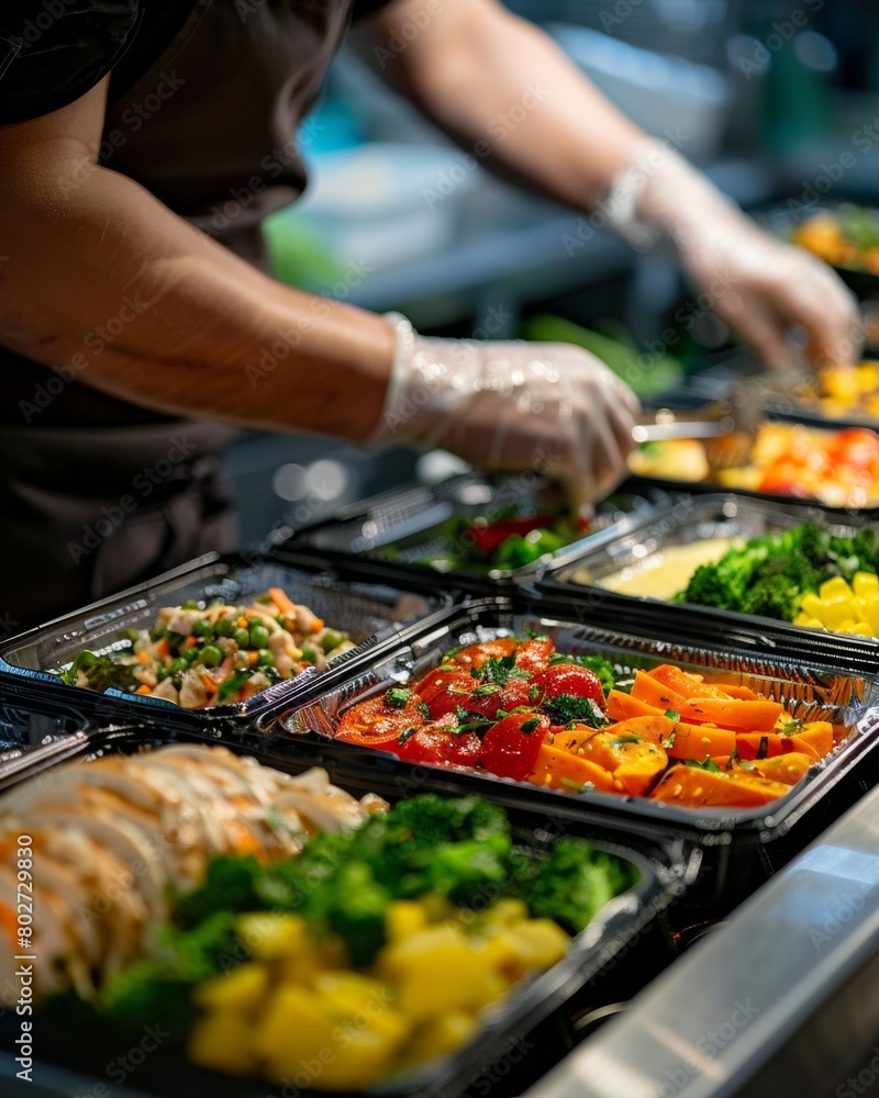 Obraz premium Worker preparing healthy meals in disposable containers
