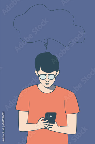 Teen boy in orange shirt read from smartphone screen flat style illustration. (ID: 802730021)