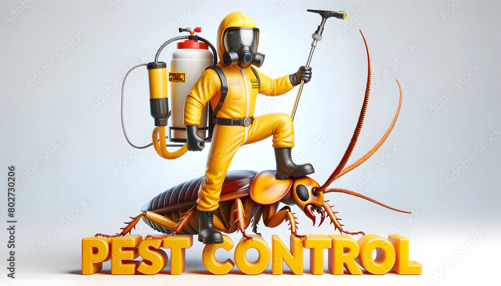 3D caricature of pest control worker triumphing over giant cockroach, Cartoon pest control worker standing triumphantly over cockroach - 3D render