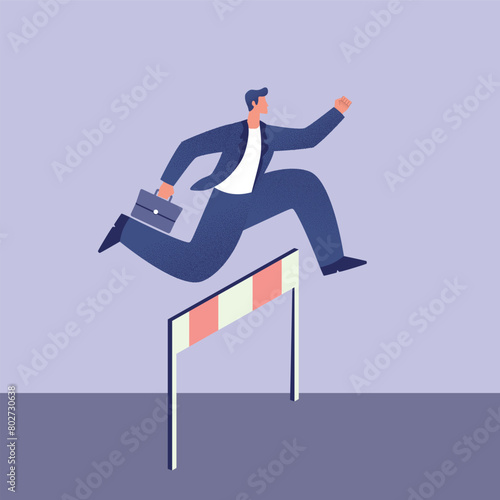 Businessman jump over hurdle. Ambitious businessman in suit jump over hurdle, flat illustration. (ID: 802730638)