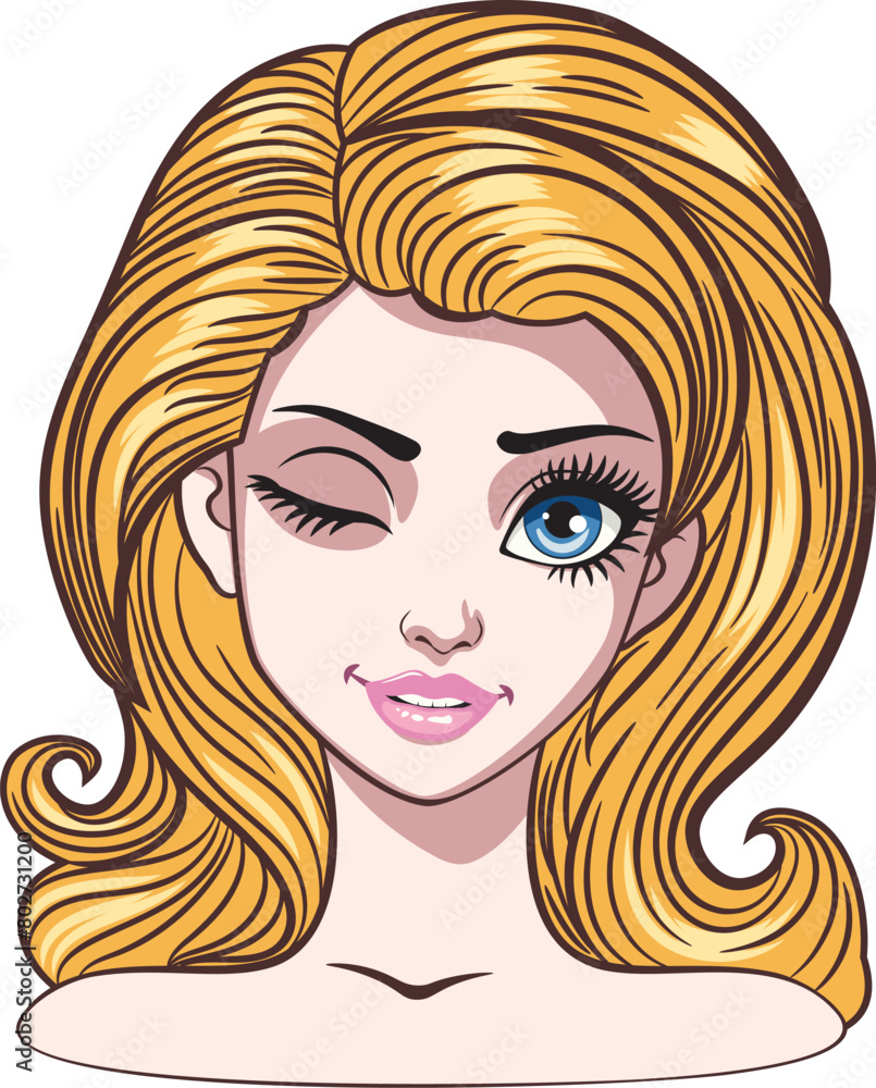 Young cartoon woman with big eyes, long eyelashes and blond hair winking. Expressive blond girl, female avatar.