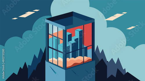As the elevator reaches its maximum height the windows suddenly become transparent and reveal a distorted and chaotic version of the world outside..