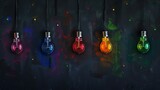  Colorful light bulbs dangle on a black wall with splattered paint