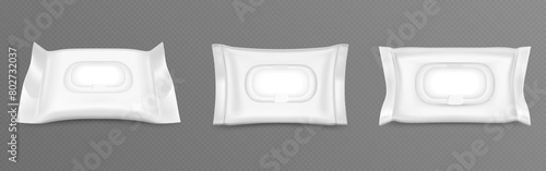 Wet wipe package with plastic flap mockup. Realistic 3d vector set of front and side view on white blank closed hygiene tissue pack. Template of bag or container for hygiene antibacterial napkin.