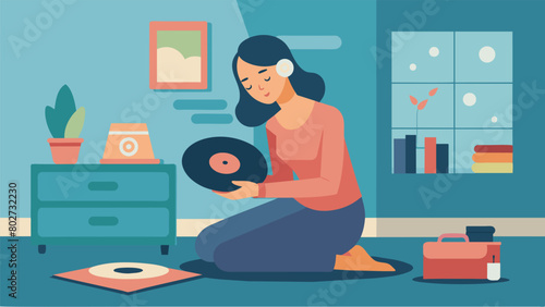 After a long day of therapy a woman sits alone in her room and puts on her favorite vinyl record. As she closes her eyes and listens she feels a sense Vector illustration