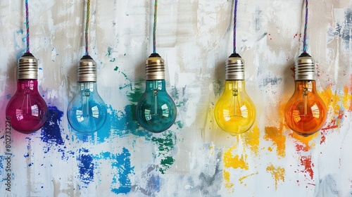   A colorful row of light bulbs dangles from a wall, with spattered paint behind them photo