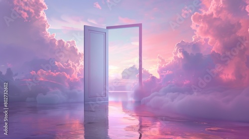 Dreamy landscape seen through a door, with a reflective lake and floating clouds under a sky painted in pastel pink and purple