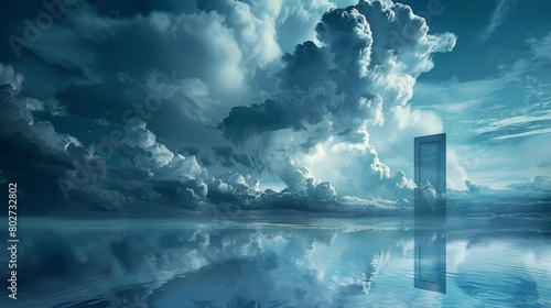 Dreamy landscape with navy blue hues, featuring a reflective lake under a door-shaped cloud formation, exuding sophistication and a modern look photo